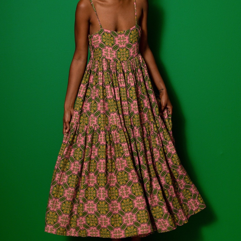 Floral Tile Print Maxi Dress - Pink & Olive